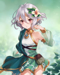 Rule 34 | 1girl, antenna hair, bare shoulders, blurry, blurry background, blush, braid, depth of field, detached sleeves, dress, flower, green sleeves, hair between eyes, hair flower, hair ornament, hand up, highres, kokkoro (princess connect!), long sleeves, looking at viewer, parted lips, pointy ears, princess connect!, puffy long sleeves, puffy sleeves, red eyes, see-through, see-through sleeves, shiao, silver hair, sleeveless, sleeveless dress, solo, white dress, white flower