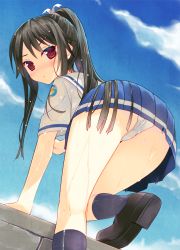 Rule 34 | 10s, 1girl, arikawa satoru, ass, black hair, blue socks, blush, cloud, colored eyelashes, commentary request, crotch, fence, from behind, from below, hair flowing over, hair ornament, hair ribbon, high school fleet, kneehighs, kneepits, loafers, long hair, looking at viewer, looking back, looking down, munetani mashiro, outdoors, panties, pleated skirt, ponytail, red eyes, ribbon, sailor collar, school uniform, serafuku, shoes, skirt, sky, socks, solo, thighs, underwear, upskirt, wet, wet clothes, white panties
