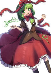 Rule 34 | 1girl, absurdres, arm ribbon, blunt bangs, bow, brown footwear, feet out of frame, frilled bow, frilled ribbon, frills, front ponytail, green eyes, green hair, hair bow, hair ribbon, highres, kagiyama hina, looking at viewer, one-hour drawing challenge, open mouth, renshirenji, ribbon, simple background, smile, solo, touhou, white background