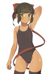 Rule 34 | 1girl, absurdres, bad id, bad pixiv id, bare arms, bare shoulders, black one-piece swimsuit, black thighhighs, blunt bangs, blush, bow, brown bow, brown hair, brown ribbon, closed mouth, collarbone, covered erect nipples, cowboy shot, facial mark, green eyes, groin, hair bow, highres, holding, holding ribbon, looking at viewer, one-piece swimsuit, original, ribbon, shiny skin, sidelocks, simple background, skindentation, solo, surio, swimsuit, tan, tanline, thighhighs, white background