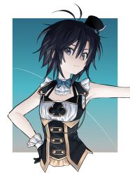 Rule 34 | 1girl, :3, absurdres, antenna hair, armpits, ascot, bare shoulders, black corset, black dress, black gloves, black hair, black hat, blue background, blue bow, blue bowtie, blue ribbon, bow, bowtie, breasts, buttons, chain, cleavage cutout, clever clover (idolmaster), close-up, closed mouth, clothing cutout, club (shape), commentary, corset, cropped torso, double-breasted, dress, frilled dress, frilled gloves, frills, gloves, gradient background, hair between eyes, hand on own hip, hat, hat ribbon, highres, idolmaster, idolmaster (classic), idolmaster 2, idolmaster million live!, kikuchi makoto, light smile, looking at viewer, looking to the side, mini hat, mini top hat, non-web source, outside border, outstretched arm, purple eyes, ribbon, short hair, sleeveless, sleeveless dress, small breasts, solo, tilted headwear, tomboy, top hat, turning head, two-tone dress, upper body, very short hair, vickyycy99, white ascot, white dress