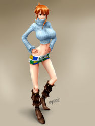 Rule 34 | 1girl, absurdres, boots, breasts, brown eyes, cowboy boots, crop top, dated, hands on own hips, highres, huge breasts, miniskirt, nami (one piece), navel, one piece, one piece film: z, orange hair, ribbed sweater, short hair, signature, simple background, skirt, smile, solo, sweater, taut clothes, turtleneck, unbalance, updo