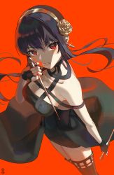 Rule 34 | 1girl, absurdres, bare shoulders, black dress, black hair, blood, blood on face, boots, breasts, cleavage, dress, dual wielding, hairband, highres, holding, holding weapon, large breasts, looking at viewer, may.l, parted lips, red background, red eyes, sidelocks, simple background, solo, spy x family, thigh boots, thighhighs, weapon, yor briar