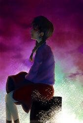 Rule 34 | 1girl, black socks, braid, brown hair, cloud, commentary request, expressionless, feet out of frame, from side, glowing, glowing eyes, highres, light particles, long hair, madotsuki, parted lips, profile, purple sky, purple sweater, red eyes, red skirt, saitou nekoichi, sitting, skirt, sky, socks, solo, star (sky), sweater, twin braids, yume nikki