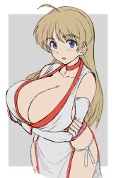 Rule 34 | 1girl, bare shoulders, blue eyes, breasts, character request, cleavage, cosplay, dead or alive, huge breasts, kasumi (doa), kasumi (doa) (cosplay), light brown hair, long hair, love r gene, pelvic curtain