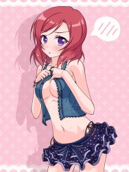 Rule 34 | 10s, 1girl, armpits, bare shoulders, blush, bracelet, breasts, brown panties, buttons, cleavage, contrapposto, cowboy shot, highres, jewelry, k10k, layered skirt, love live!, love live! school idol festival, love live! school idol project, miniskirt, navel, nishikino maki, no bra, open clothes, open shirt, panties, polka dot, polka dot skirt, purple eyes, purple skirt, red hair, ribbon, shirt, side-tie panties, skirt, sleeveless, spoken blush, standing, tank top, tassel, unbuttoned, underboob, underwear, vest