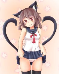 Rule 34 | 1girl, :q, animal ear fluff, animal ears, bare shoulders, black thighhighs, breasts, brown eyes, brown hair, cameltoe, cat ears, cat tail, chen, clothes lift, commentary request, cowboy shot, earrings, haruirokomici, head tilt, jewelry, lifted by self, looking at viewer, medium breasts, multiple tails, nekomata, no headwear, no headwear, pink background, short hair, simple background, single earring, skirt, skirt lift, solo, tail, thighhighs, tongue, tongue out, touhou, two tails, upskirt