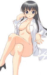 Rule 34 | 1girl, black hair, blue eyes, breasts, glasses, high heels, hirose (mokiki), lab coat, large breasts, legs, crossed legs, long hair, long legs, open clothes, open shirt, shirt, shoes, sitting, solo, thighs
