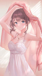 Rule 34 | 1girl, absurdres, arms up, bad id, bad twitter id, bare shoulders, blue eyes, breasts, brown hair, brown jacket, collarbone, commentary request, copyright request, crescent, crescent necklace, dress, highres, holding, holding clothes, holding jacket, jacket, jewelry, looking at viewer, medium hair, mochizuki honami, necklace, project sekai, smile, solo, tokkyu, white dress