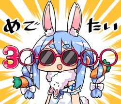 Rule 34 | 1girl, :d, animal ear fluff, animal ears, blue hair, bow, braid, carrot hair ornament, chibi, detached sleeves, don-chan (usada pekora), dress, facing viewer, food-themed hair ornament, hair bow, hair ornament, hololive, kanikama, lowres, multicolored hair, open mouth, puffy short sleeves, puffy sleeves, rabbit ears, red-framed eyewear, short eyebrows, short sleeves, sidelocks, smile, solo, sunglasses, thick eyebrows, translation request, twin braids, twintails, two-tone hair, upper body, usada pekora, usada pekora (1st costume), virtual youtuber, white bow, white dress, white hair, white sleeves, | |