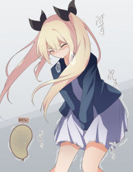 Rule 34 | 1girl, ^ ^, between legs, black ribbon, bladder, blonde hair, blue jacket, blush, closed eyes, closed mouth, dress, embarrassed, female focus, flat chest, grey background, hair between eyes, hair ribbon, hand between legs, have to pee, highres, jacket, japanese text, leaning forward, long hair, long sleeves, nose blush, open clothes, open jacket, original, own hands together, pee, ribbon, ribbon-trimmed skirt, ribbon trim, short dress, sidelocks, sign, simple background, solo, speech bubble, split mouth, standing, translation request, trembling, twintails, urine meter, v-shaped eyebrows, v arms, watakarashi, white dress