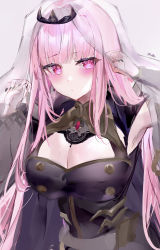 Rule 34 | 1girl, absurdres, black nails, blush, breasts, cleavage, cleavage cutout, closed mouth, clothing cutout, crown, dress, fingernails, hands up, highres, hololive, hololive english, large breasts, long hair, looking at viewer, mile (off8mile), mori calliope, mori calliope (1st costume), nail polish, pink eyes, pink hair, solo, twitter username, veil, very long hair, virtual youtuber