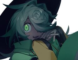 1girl aqua_hair black_hat coat collared_coat commentary eyes_visible_through_hair fingernails green_coat green_eyes hair_intakes hair_over_one_eye hat komeiji_koishi layered_sleeves long_bangs long_sleeves okashi0655 open_mouth own_hands_together short_over_long_sleeves short_sleeves simple_background solo symbol-only_commentary touhou white_background