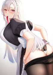 Rule 34 | 1girl, absurdres, apron, ass, back, black dress, black panties, black pantyhose, blush, breasts, clothes lift, clothes pull, cowboy shot, dress, dress lift, fine fabric emphasis, frilled dress, frills, from behind, hair between eyes, highres, kazuha (saku kn), lingerie, long hair, looking at another, looking at viewer, maid, maid headdress, mouth hold, original, panties, pantyhose, pantyhose pull, puffy short sleeves, puffy sleeves, purple eyes, short sleeves, simple background, solo, thighband pantyhose, underwear, white hair, white panties