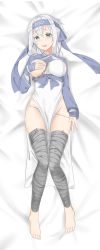 Rule 34 | 10s, 1girl, ainu, ainu clothes, bad id, bad pixiv id, bandana, barefoot, bed, black thighhighs, blue eyes, breasts, covering privates, covering breasts, cropped jacket, dakimakura (medium), dress, folded ponytail, full body, headband, highres, kamoi (kancolle), kantai collection, long hair, long sleeves, looking at viewer, medium breasts, one breast out, open mouth, panties, panty pull, sidelocks, sleeveless, sleeveless dress, solo, thighhighs, tiasis, underwear, white dress, white hair, wrist guards