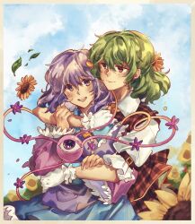 Rule 34 | 2girls, :d, blue sky, closed mouth, commentary, english commentary, field, flower, flower field, green hair, highres, hug, kabocha1408, kazami yuuka, komeiji satori, long sleeves, looking at another, looking at viewer, multiple girls, open mouth, outdoors, plaid, plaid vest, purple eyes, purple hair, red eyes, red vest, shirt, short hair, sky, smile, sunflower, sunflower field, third eye, touhou, vest, white shirt