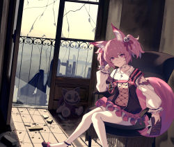 Rule 34 | 1girl, animal ears, arknights, black dress, book, burnt clothes, chair, closed mouth, collared shirt, crop top, debris, doll, dress, fishnets, fox ears, fox girl, fox tail, hair ornament, hand up, holding, indoors, long hair, long sleeves, looking at viewer, midriff, navel, nihnfinite8, pantyhose, pink eyes, pink hair, ruins, see-through, shamare (arknights), shirt, shoes, sitting, sky, solo, stuffed animal, stuffed toy, tail, twintails, white pantyhose, white shirt, yellow sky