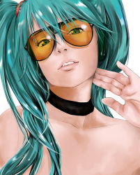 Rule 34 | 1girl, aviator sunglasses, bare shoulders, choker, female focus, glasses, green eyes, green hair, hair ornament, hatsune miku, headphones, highres, lips, long hair, matching hair/eyes, parted lips, realistic, simple background, solo, sunglasses, teeth, twintails, vocaloid, white background