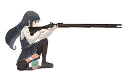 Rule 34 | 1girl, absurdres, ammunition box, asashio (kancolle), asashio kai ni (kancolle), belt, black belt, black dress, black footwear, black hair, black thighhighs, blue eyes, cameltoe, dress, gun, highres, holding, holding gun, holding weapon, jackrose mary, kantai collection, loafers, long hair, long sleeves, musket, neck ribbon, on one knee, panties, pinafore dress, pleated dress, red ribbon, ribbon, school uniform, shirt, shoes, simple background, sleeveless, sleeveless dress, smile, solo, thighhighs, underwear, weapon, white background, white panties, white shirt
