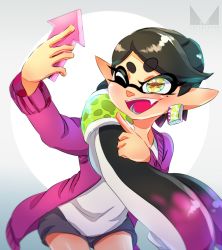 Rule 34 | + +, 1girl, ;d, alternate hairstyle, artist logo, black hair, black shorts, callie (splatoon), cellphone, chichi band, commentary, cowboy shot, earrings, fangs, gradient hair, hair over shoulder, hair tubes, holding, holding phone, inkling, jacket, jewelry, leaning forward, long hair, long sleeves, mask, mole, mole under eye, multicolored hair, nintendo, one eye closed, open clothes, open jacket, open mouth, phone, pointing, pointy ears, ponytail, purple hair, purple jacket, selfie, shirt, short shorts, shorts, smartphone, smile, solo, standing, tentacle hair, very long hair, white shirt, yellow eyes