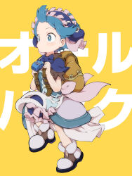 Rule 34 | 1boy, blue eyes, blue hair, commentary request, highres, kyoufuu all back (vocaloid), made in abyss, male focus, maruruk, parody, simple background, solo, translation request, trap, white footwear, ximu shilang, yellow background