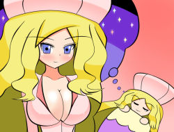 Rule 34 | 10s, 1girl, bed, blonde hair, blush, breasts, caitlin (pokemon), cleavage, covered erect nipples, creatures (company), dreaming, elite four, female focus, game freak, harubato, hat, large breasts, long hair, nintendo, open clothes, open shirt, pokemon, pokemon bw, purple eyes, shirt, sleeping, smile, solo, very long hair