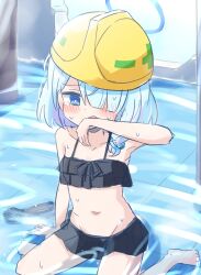 Rule 34 | 1girl, armpits, arona (blue archive), bare arms, bare shoulders, barefoot, bikini, black bikini, blue archive, blue eyes, blue hair, blush, braid, collarbone, commentary request, groin, guriin, hair over one eye, halo, hand up, hard hat, helmet, highres, multicolored hair, navel, pink hair, ringed eyes, shallow water, single braid, sitting, solo, swimsuit, two-tone hair, wariza, water, wrench, yellow headwear