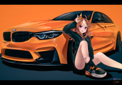 Rule 34 | 1girl, :d, absurdres, black jacket, black shorts, bmw, bmw 3 series, bmw f80 m3, bmw m3, brown hair, car, copano rickey (umamusume), ear covers, hand up, highres, horse girl, jacket, letterboxed, long hair, looking at viewer, motor vehicle, multicolored hair, nougat (73r1r1), on floor, open mouth, purple eyes, shoes, shorts, sitting, smile, sneakers, solo, sports car, track jacket, umamusume, vehicle focus, white hair