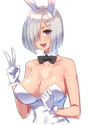 Rule 34 | 1girl, :d, alternate costume, animal ears, bare shoulders, black bow, black bowtie, blue eyes, bow, bowtie, breasts, cleavage, collarbone, detached collar, fake animal ears, gloves, grey hair, hair ornament, hair over one eye, hairclip, hamakaze (kancolle), hands up, highres, kantai collection, large breasts, leotard, looking at viewer, open mouth, playboy bunny, quanero, rabbit ears, short hair, smile, solo, strapless, strapless leotard, teeth, upper body, v, white background, white leotard