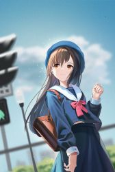 Rule 34 | 1girl, backpack, bag, black shirt, black skirt, blue hat, blue shirt, blue sky, blurry, blurry background, brown bag, brown eyes, brown hair, check copyright, closed mouth, cloud, cloudy sky, commentary request, copyright request, day, hat, highres, long hair, long skirt, long sleeves, mobu (wddtfy61), orange eyes, original, outdoors, sailor collar, school uniform, serafuku, shirt, skirt, sky, smile, solo