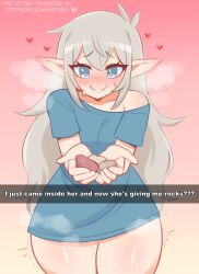 Rule 34 | 1girl, absurdres, blue skirt, blush, breath, commentary, copyright request, cowboy shot, elf, english commentary, english text, grey hair, heart, highres, holding, holding rock, implied after sex, long hair, nose blush, pointy ears, rock, sataen, sidelocks, skirt, solo, very long hair