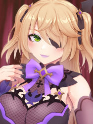 Rule 34 | 1girl, bare shoulders, black nails, black ribbon, blonde hair, blush, bow, bowtie, breasts, closed mouth, commentary request, eyeliner, eyepatch, fischl (genshin impact), fishnets, genshin impact, green eyes, hair over one eye, hair ribbon, highres, large breasts, lipstick, long hair, looking at viewer, makeup, nail polish, one eye closed, purple bow, purple bowtie, purple lips, purple ribbon, ribbon, simple background, smile, solo, terumin (yuganda sebone), two side up