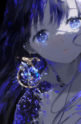 Rule 34 | 1girl, black background, black hair, blue eyes, blue theme, blush, crescent, crescent earrings, ear piercing, earrings, hyatsu, jewelry, light blush, light particles, long hair, looking at viewer, nose blush, original, parted lips, piercing, simple background, solo, sparkling eyes, swept bangs, upper body