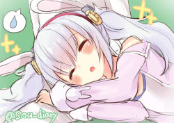 Rule 34 | 1girl, :o, animal ears, azur lane, blush, camisole, closed eyes, commentary request, green background, hair ornament, hairband, jacket, laffey (azur lane), lap pillow, long hair, long sleeves, lying, off shoulder, on side, parted lips, pink jacket, rabbit ears, red hairband, silver hair, solo focus, sou (soutennkouchi), spoken sweatdrop, sweatdrop, twintails, twitter username, very long hair, white camisole