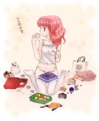 Rule 34 | camisole, chocolate, eating, food, food on face, panties, red eyes, red hair, solo, sweets, thighhighs, tuki, underwear