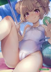 Rule 34 | 1girl, ;q, absurdres, artist name, bare arms, bare shoulders, beach, beach towel, blue sky, blush, breasts, cameltoe, closed mouth, cloud, cloudy sky, collarbone, covered navel, day, double bun, groin, hair bun, hair ornament, hairclip, highres, holding, kedama milk, knee up, licking lips, light brown hair, light rays, looking at viewer, melonbooks, name tag, one-piece swimsuit, one eye closed, original, outdoors, purple hair, scan, school swimsuit, sidelocks, sitting, sky, small breasts, smile, solo, sunbeam, sunlight, swimsuit, tongue, tongue out, towel, white one-piece swimsuit, white school swimsuit