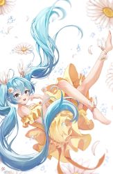 Rule 34 | 1girl, ankle ribbon, aqua eyes, aqua hair, bare legs, bare shoulders, barefoot, blue hair, blurry, blush, depth of field, dress, floating, floating hair, flower, footwear ribbon, full body, hair ribbon, hand on own face, hands up, hatsune miku, highres, knees to chest, leg ribbon, leg up, long hair, looking at viewer, looking to the side, nankam, ribbon, smile, solo, twintails, vocaloid, water drop, white background, yellow dress