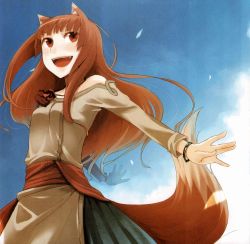Rule 34 | 00s, 1girl, animal ears, ayakura juu, female focus, highres, holo, outdoors, red eyes, sky, smile, solo, spice and wolf, tail, wolf ears, wolf tail