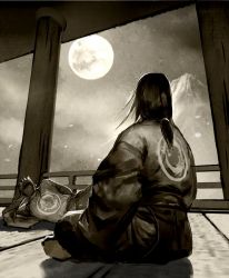 Rule 34 | 2boys, aged down, black hair, brothers, dragon print, genji (overwatch), greyscale, hage2013, hand on own head, hanzo (overwatch), head rest, headband, indian style, japanese clothes, long hair, low-tied long hair, lying, male focus, monochrome, moon, moonlight, mountain, multiple boys, on floor, on side, overwatch, overwatch 1, pants, petals, sae (revirth), sash, short hair, siblings, sitting, sky, star (sky), starry sky, young genji, young hanzo