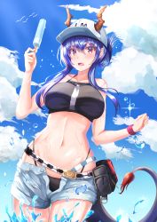 Rule 34 | 1girl, absurdres, arknights, bad id, bad pixiv id, bare arms, bare shoulders, baseball cap, belt, bikini, black bikini, blue hair, blue sky, blush, breasts, ch&#039;en (arknights), cloud, commentary, cowboy shot, day, dragon horns, dragon tail, food, grey shorts, hair between eyes, hand up, hat, highleg, highleg bikini, highres, holding, holding food, horns, large breasts, long hair, looking at viewer, navel, open fly, open mouth, popsicle, pouch, purple eyes, revision, short shorts, shorts, sidelocks, sirius (gliese6016), sky, solo, sparkle, standing, stomach, swimsuit, tail, water drop, white hat, wristband
