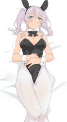 Rule 34 | 1girl, absurdres, animal ears, black bow, black bowtie, black leotard, blue eyes, blush, bow, bowtie, breasts, cleavage, closed mouth, commentary request, detached collar, grey hair, hair ornament, hairclip, hands on own stomach, highres, kantai collection, kashima (kancolle), large breasts, leotard, looking at viewer, lying, maonatten, on back, pantyhose, playboy bunny, rabbit ears, simple background, smile, solo, strapless, strapless leotard, twintails, white background, white pantyhose, wrist cuffs