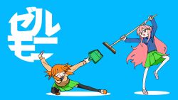 Rule 34 | 2girls, ^ ^, ahoge, arms up, black thighhighs, blazer, blue background, blue jacket, blue necktie, blunt bangs, blunt ends, broom, brown cardigan, brown eyes, cardigan, closed eyes, commentary, copyright name, detached ahoge, dustpan, fang, fighting stance, full body, furuya-san (zelmoni), green skirt, hair bun, hair ornament, hairclip, half updo, highres, holding, holding broom, holding dustpan, jacket, long hair, long sleeves, looking at another, multiple girls, necktie, odayaka, open mouth, orange hair, outstretched leg, pink hair, playing, pleated skirt, pose request, shoes, short hair, short twintails, sidelocks, single hair bun, skirt, smile, squatting, standing, standing on one leg, thighhighs, translated, twintails, two-handed, uwabaki, v-shaped eyebrows, very long hair, wide shot, x hair ornament, yaho (zelmoni), zelmoni