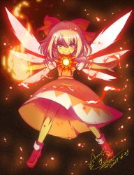 Rule 34 | &gt;:), 1girl, achi cirno, alternate color, blush stickers, bobby socks, bow, cirno, commentary request, dated, dress, fiery wings, fire, flower, full body, glowing, hair between eyes, hair bow, hidden star in four seasons, looking at viewer, lunamoon, outstretched arms, puffy short sleeves, puffy sleeves, red bow, red dress, red eyes, red footwear, shoes, short hair, short sleeves, signature, silver hair, smile, smug, socks, solo, spread arms, sunflower, tanned cirno, touhou, v-shaped eyebrows, white socks, wings