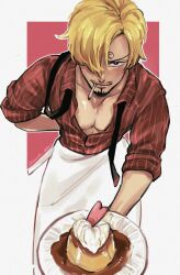 Rule 34 | 1boy, absurdres, alternate costume, apron, arm behind back, bara, black necktie, blonde hair, blush, brown eyes, cigarette, collarbone, facial hair, food, hair over one eye, highres, holding, holding plate, incoming food, leaning forward, looking at viewer, male focus, necktie, one piece, partially unbuttoned, pectoral cleavage, pectorals, plate, pudding, red background, red shirt, sanji (one piece), shirt, short hair, smile, striped clothes, striped shirt, twitter username, undone necktie, vamos mk, waist apron, white apron