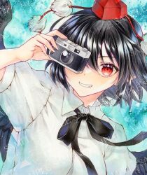 Rule 34 | 1girl, alto2019, black hair, black wings, camera, commentary, hat, holding, holding camera, looking at viewer, pointy ears, pom pom (clothes), red eyes, red hat, sample watermark, shameimaru aya, short hair, short sleeves, solo, tokin hat, touhou, upper body, watermark, wings
