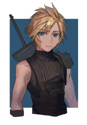 Rule 34 | 1boy, armor, black sweater, blonde hair, blue eyes, blurry, blurry background, border, closed mouth, cloud strife, cropped torso, final fantasy, final fantasy vii, highres, kofi-mo, looking at viewer, outside border, ribbed sweater, short hair, shoulder armor, sleeveless, sleeveless sweater, solo, sweater, sword, turtleneck, turtleneck sweater, weapon, weapon on back, white border