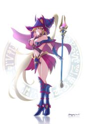 Rule 34 | 1girl, adapted costume, blonde hair, boots, breasts, clothing cutout, dark magician girl, duel monster, full body, green eyes, high heel boots, high heels, highres, holding, holding staff, large breasts, leotard, navel, no bra, revealing clothes, sengenjin31, smile, solo, staff, stomach cutout, yu-gi-oh!