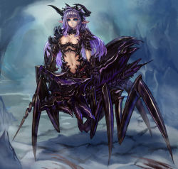 Rule 34 | 1girl, arachnid (starship troopers), arthropod girl, bad id, bad pixiv id, blue eyes, breasts, bug, chikokuma, cleavage, frown, gauntlets, horns, insect girl, large breasts, long hair, looking at viewer, monster girl, navel, original, pointy ears, purple hair, sidelocks, solo, spider, spider girl, spikes, starship troopers, teeth