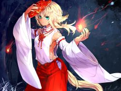 Rule 34 | 1girl, animal ears, blonde hair, blue eyes, breasts, closed mouth, detached sleeves, fire, forest, hakama, hakama pants, hand up, highres, holding, holding mask, japanese clothes, komota (kanyou shoujo), long hair, long sleeves, looking at viewer, mask, mask on head, nature, original, outdoors, pants, red pants, small breasts, solo, tail, wide sleeves