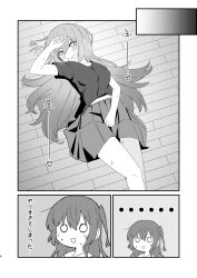 Rule 34 | ..., 2girls, :d, ao (flowerclasse), arm up, blush, bocchi the rock!, breasts, comic, cube hair ornament, gotoh hitori, greyscale, hair between eyes, hair ornament, highres, kita ikuyo, long hair, lying, medium breasts, melting, monochrome, multiple girls, navel, o o, on back, on floor, one side up, open mouth, parted lips, pleated skirt, sailor collar, shirt, short sleeves, skirt, smile, translation request, very long hair, wooden floor, yuri